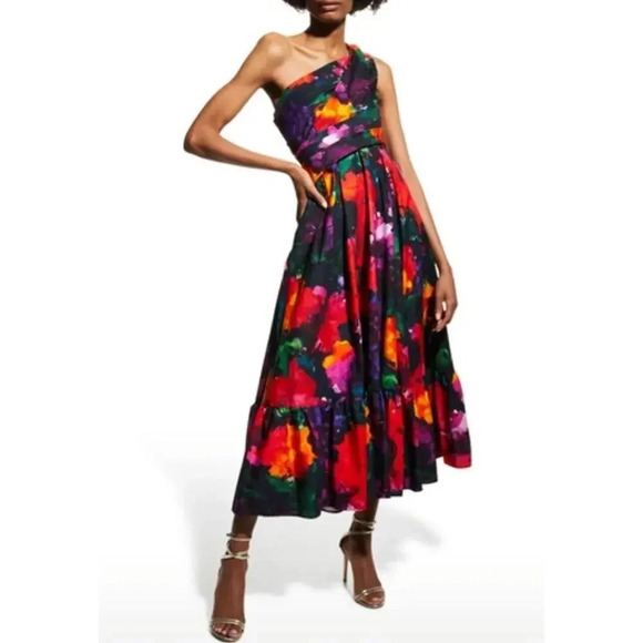 $2385 Talbot Runhof Downey Multicolor Floral Ruffle One Shoulder Dress Sz L - Picture 1 of 10